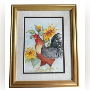 Original Signed Framed Watercolor Rooster and Sunflowers Artwork